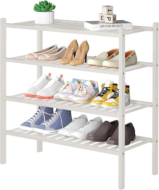 4 Tier Bamboo Shoe Rack for Closet Free Standing Wood Shoe Shelf for Entryway Small Space Stackable 27"x11"x26" (White)-NeatNest