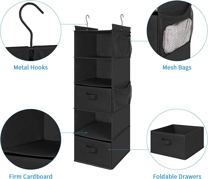 MAX Houser 5 Tier Shelf Hanging Closet Organizer, Cloth Hanging Shelf with 2 Sturdy Hooks for Storage, Foldable (Black-D2)-NeatNest