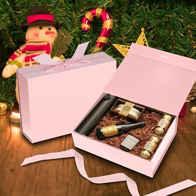 Gift Box with Lid for Presents 10.5x7.5x3.1 Inches with Ribbon and Magnetic Closure(5-Pack) (Pink)-NeatNest