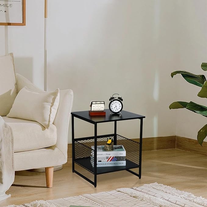 End Table, Square Side Table, Couch Side Table with 2 Tier Storage, Great for Printer Stand, Mini Fridge Stand, Nightstand, Ideal for Living Room, Bedroom, Office（2 Pack）