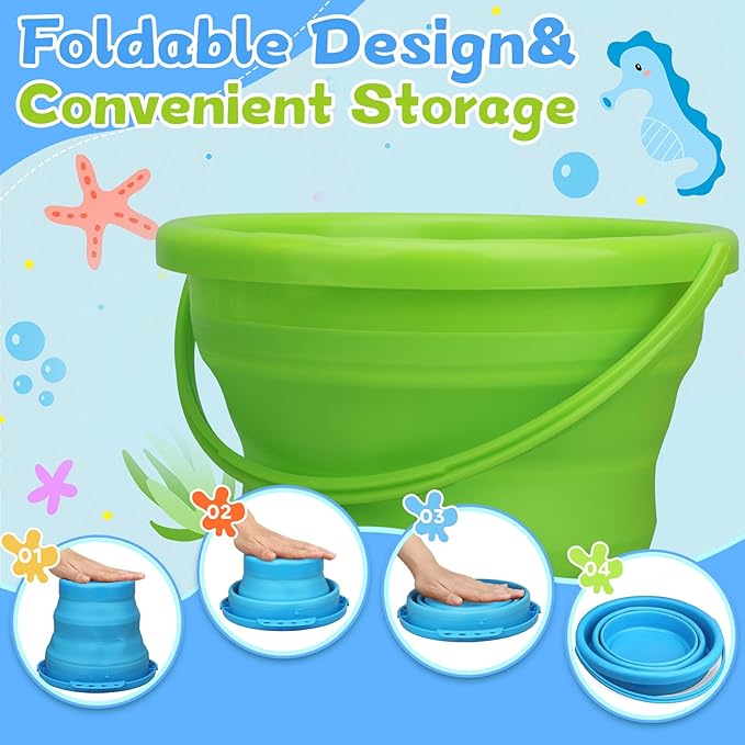 Foldable Beach Sand Toy Bucket for Kids Adults, Jumbo Collapsible Sandbox Bucket, Foldable Pail with Mesh Bag, Multi Use for Garden Beach, Camping, Easter Basket Gift, Fishing, Travelling 3PCS-NeatNest