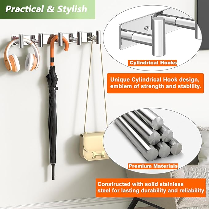 Wall Mounted Coat Rack-5 Hooks, Heavy Duty Stainless Steel Hook Rail for Towel Coat Hat Purse Bag Jacket, Towel Hooks for Entryway Bathroom Kitchen (Glossy 5 Hooks - 1 Pack)-NeatNest