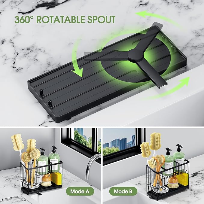 2 Tier Sponge Holder for Kitchen Sink Caddy with High Brush Holder, Kitchen Countertop Organizer and Storage Essential, Soap Dispenser Organize with Drain Tray-NeatNest