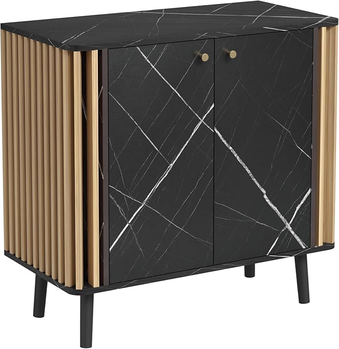 Fluted Storage Cabinet, Modern Marble Texture Accent Buffet Cabinet with Fluted Wood Strips, Side Cabinets with 2 Doors & Adjustable Partitions for Kitchen, Living Room, Black