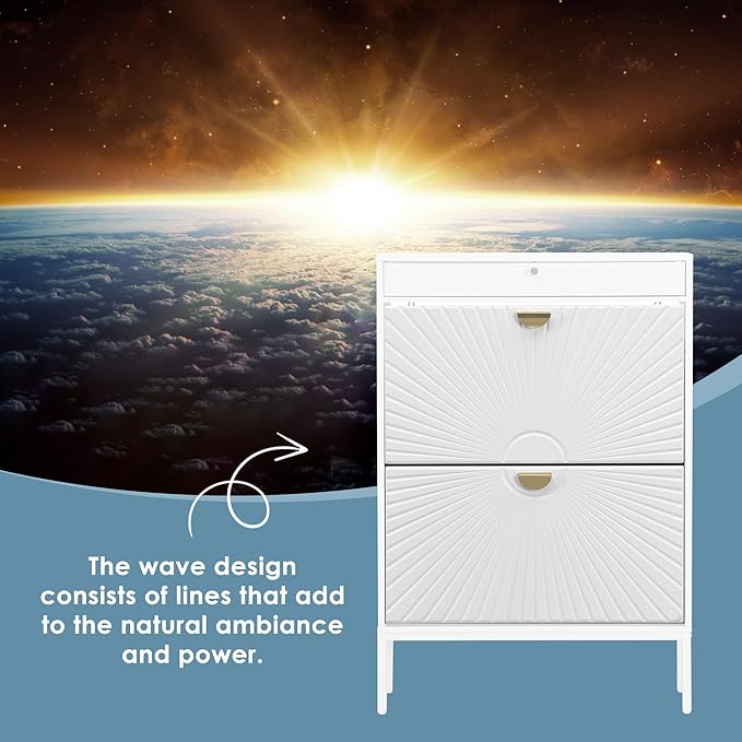 Brafab Shoe Storage Cabinet with 2 Flip Drawers&1 Small Drawer, Slim Entryway Shoe Organizer with Sun Pattern Doors for Leather Shoes,Pure White-NeatNest