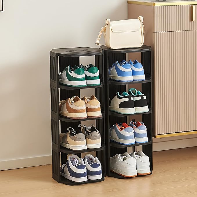 Small Shoe Rack, 10 Tier Plastic Vertical Shoe Rack for Small and Narrow Spaces, Free Standing Shoe Organizer for Closet, Entryway (Black)-NeatNest