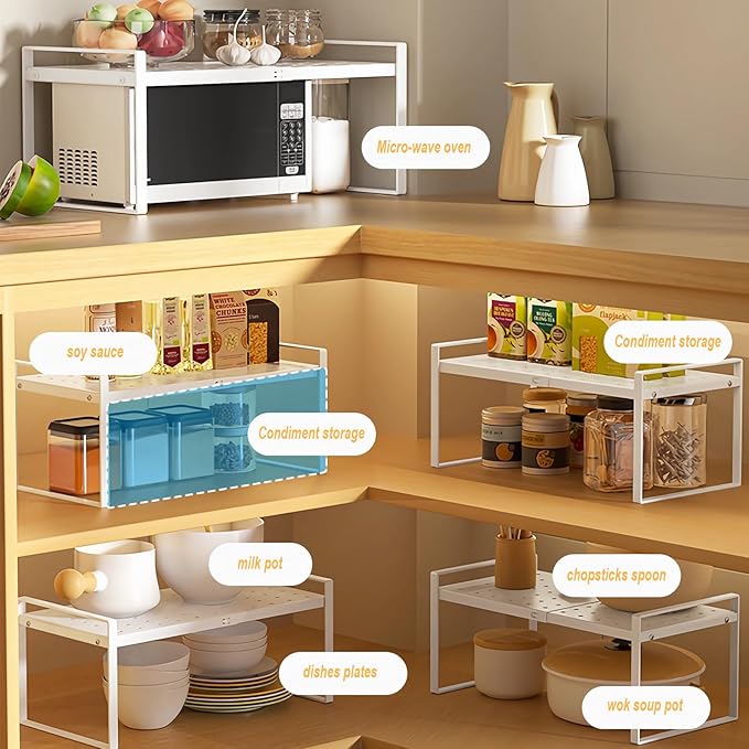 Expandable Metal Kitchen Storage Shelves,Kitchen Cabinet and Counter Shelf Organizer for Bathroom Bedroom Office Table Desk Pantry Storage