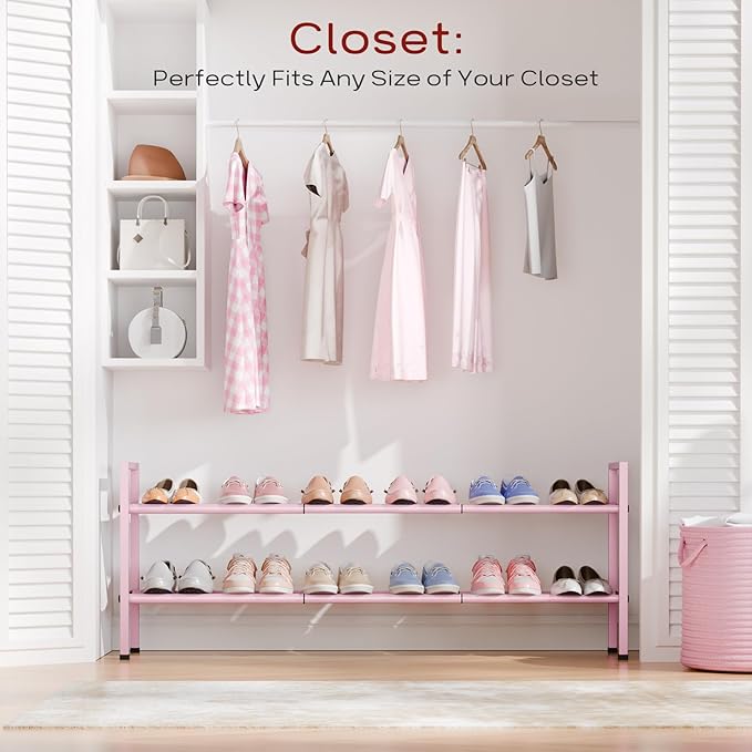 Bumusty 2-Tier Long Expandable Shoe Rack for Closet, 18"-44" Adjustable Shoe Rack for Entryway, 10-12 Pairs Large Shoe Organizer Shelf Storage, Sturdy Metal, Pink-NeatNest
