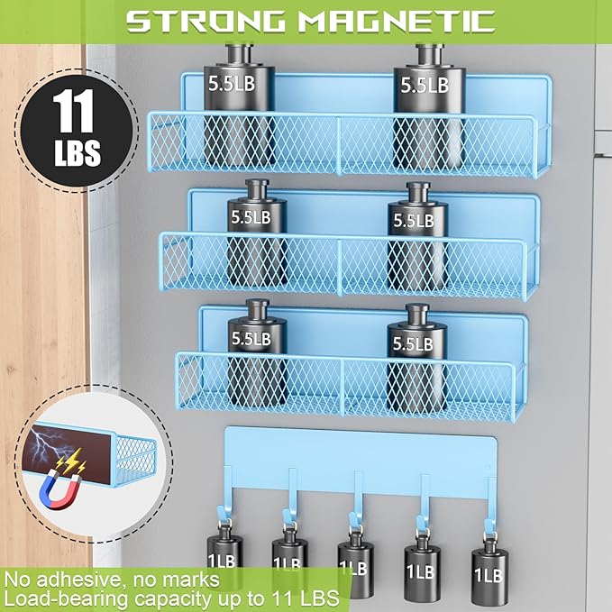 4 Pack Magnetic Shelves for Washing Machine, Heavy-Duty Magnetic Laundry Organizer with Hooks, Washing Machine Shelf for Refrigerator, Metal Storage Baskets, Closet & Laundry Room Organization (Blue)