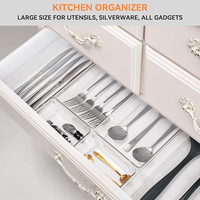 Criusia 8 Pack Drawer Organizer for Kitchen Gadgets, Large Clear Plastic Drawer Divider for Kitchen Accessories, Bathroom Organizers and Storage, Home Essentials for Makeup and Vanity Accessories-NeatNest