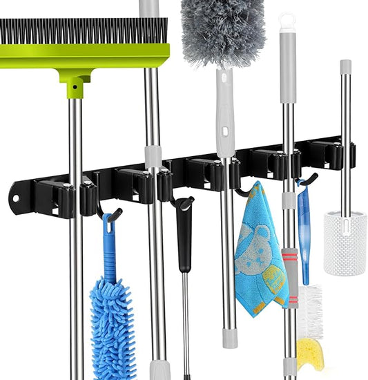 voze 5 Racks and 4 Hooks Mop and Broom Holder Wall Mount, Self Adhesive Heavy Duty Broom Hanger Organizer Storage Tool Racks for Kitchen Garden Laundry Garage Black-NeatNest