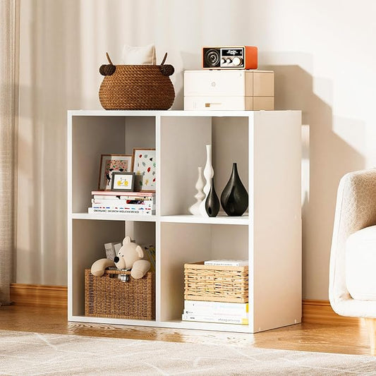 COMHOMA 4 Wood Cube Storage Organizer with Open Back and Removable Back Panels, 11In White Cube Storage Bookshelf, Cubicle Shelf Bookcase for Home Office Bedroom Living Room, Vertical or Horizontal