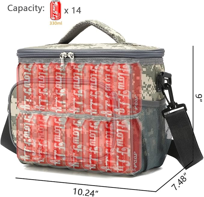 FlowFly Insulated Reusable Lunch Bag Adult Large Lunch Box for Women and Men with Adjustable Shoulder Strap,Front Zipper Pocket and Dual Large Mesh Side Pockets,DigitalCamo-NeatNest
