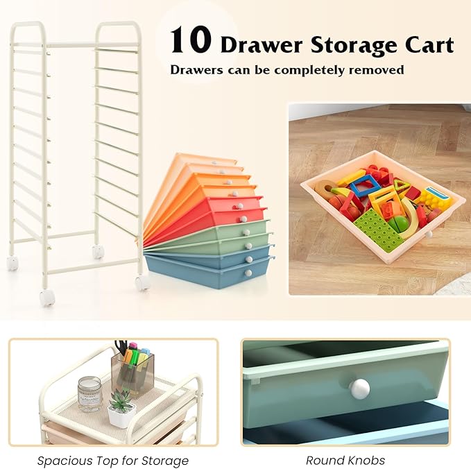 Giantex 10-Drawer Rolling Storage Cart w/Wheels, Handle, Removable Drawers, Mobile Organizer Storage Unit, Trolley Utility Cart for Home Kitchen Makeup Living Room Office Play Room