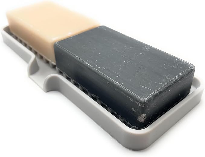 Happitasa Silicone Soap Dish Tray and Sponge Holder with Drain Chute | Bathroom and Kitchen Sink Organizer Caddy (Light Grey, 9"x3.5", 5.6 Ounces)-NeatNest