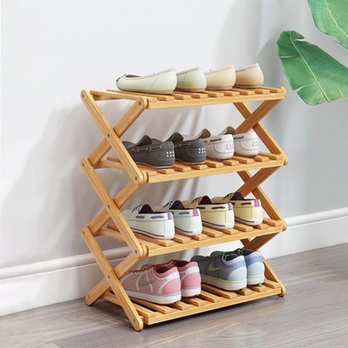 4 Tier Bamboo Shoe Rack,Portable Folding Shoe Storage Rack,Without Installation Small Shoe Rack Perfect for Corridors, Bedrooms and Small Spaces (4 Tier)-NeatNest