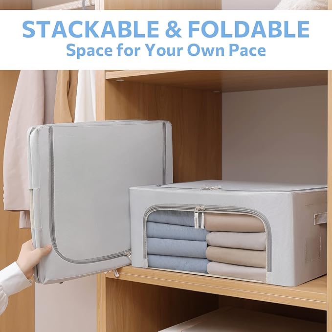 3Pack Frame Storage Box - Clothes Storage Bin Bags Oxford Fabric Foldable Stackable Container Organizer Set with Clear Window & Carry Handles (Grey, Medium-44L)-NeatNest