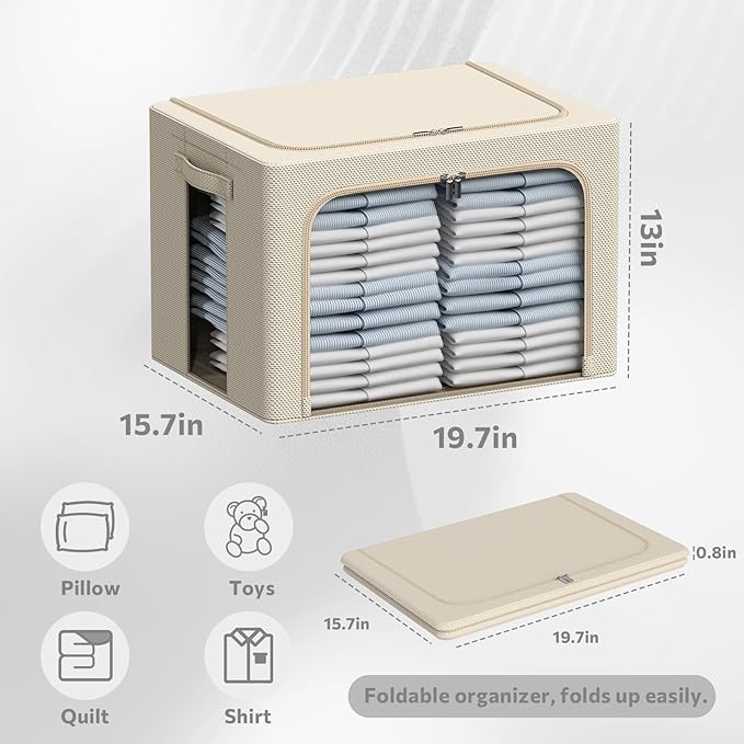 3Pack Frame Storage Box - Clothes Storage Bin Bags Oxford Fabric Foldable Stackable Container Organizer Set with Clear Window & Carry Handles Large Capacity (Beige, Large-66L)-NeatNest