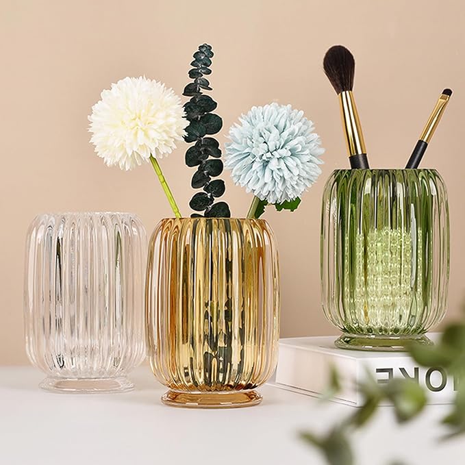 Crystal Makeup Brush holder Organizer, Vintage Make Up Brush Cup Pen Pencil Holder striped vase, Comb Brushes Pen Pencil Storage Box Container (Clear)-NeatNest