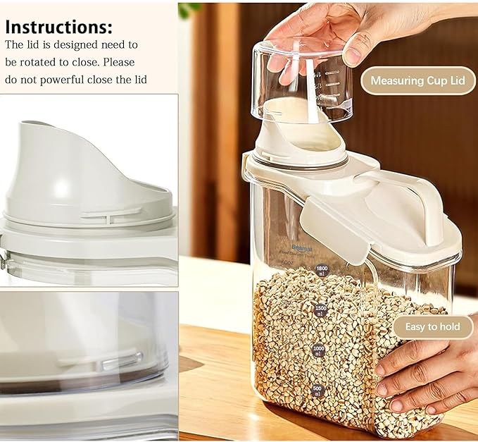 Cereal Containers Storage,2L Airtight Large Dry Food Storage Containers with Pouring Spout, Measuring Cup for Flour and Grain,BPA Free Plastic Dispenser ((1pcs) White-67oz)-NeatNest