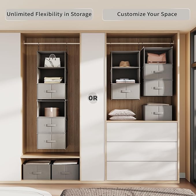 Vailando 6-Tier Hanging Shelves for Closet, Two 3-Shelf Hanging Closet Organizer w/ 4 Side Pockets and 3 Drawers, Combinable for Dorm Wardrobe Organizer and RV Storage and Organization-NeatNest