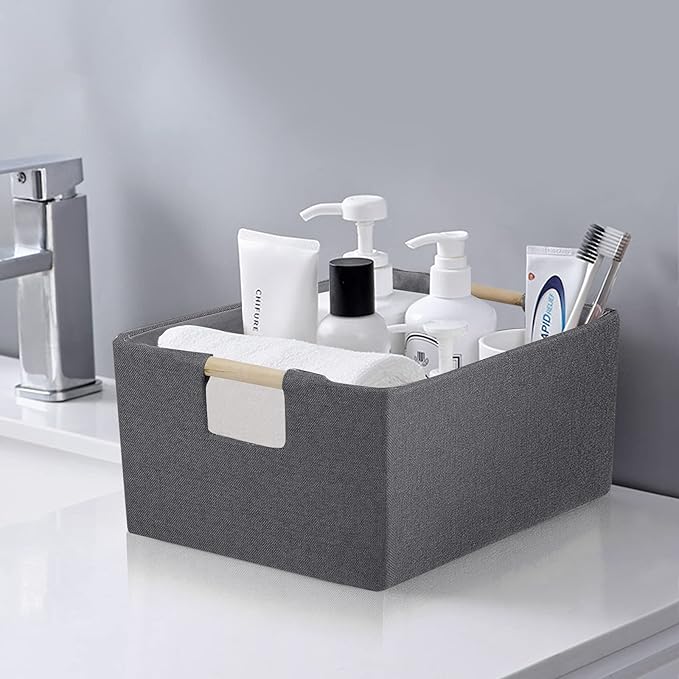 ANMINY 4PCS Storage Baskets for Organizing Collapsible Fabric Storage Bins Boxes with Wood Handles Closet Shelves Cube Organizer Bins Clothes Laundry Storage Container - Small, Gray-NeatNest