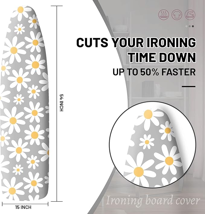 Extra Thick Ironing Board Cover and Pad, 15x54 Ironing Board Cover, Resist Scorching and Staining,Elastic Edges,Grey White Daisy Spring Summmer Flowers