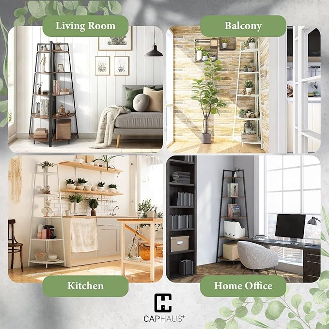 CAPHAUS Tall Corner Shelf Stand, 4-Tier Display Shelves, Ladder Corner Wood Storage Plant Bookshelf with Metal Frame, Versatile Shelving Unit Bookcase for Home Office Space, White-NeatNest