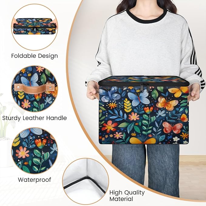 Colorful Butterfly Storage Bins with Zipper Lid, Spring Floral Lidded Storage Baskets Boxes Foldable Organizer with Leather Handles for Clothes Closet Shelf Toys-NeatNest