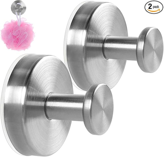 2 Pack Suction Cup Hooks for Shower, Exquisite Metal Shell & No Drill suction hooks for shower wall for Bathroom Wall, Kitchen, Glass, Mirror, Tile to Hang Towels, Robes, Loofah - Wire-Drawing Silver