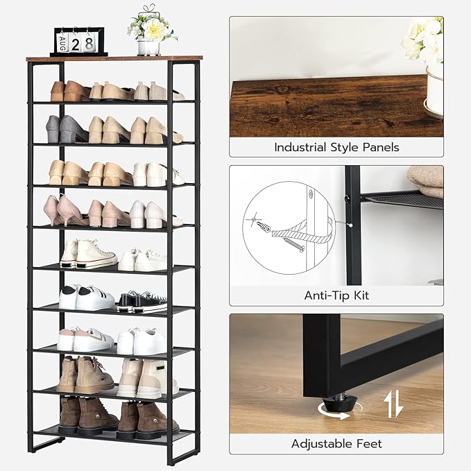 HOOBRO 10-Tier Shoe Rack, 23.6" L Shoe Storage Organizer, Large Capacity Shoe Shelf for Front Door Entrance, Entryway, Hallway, Holds 27-30 Pairs of Shoes, Closet, Rustic Brown BF601XJ01-NeatNest