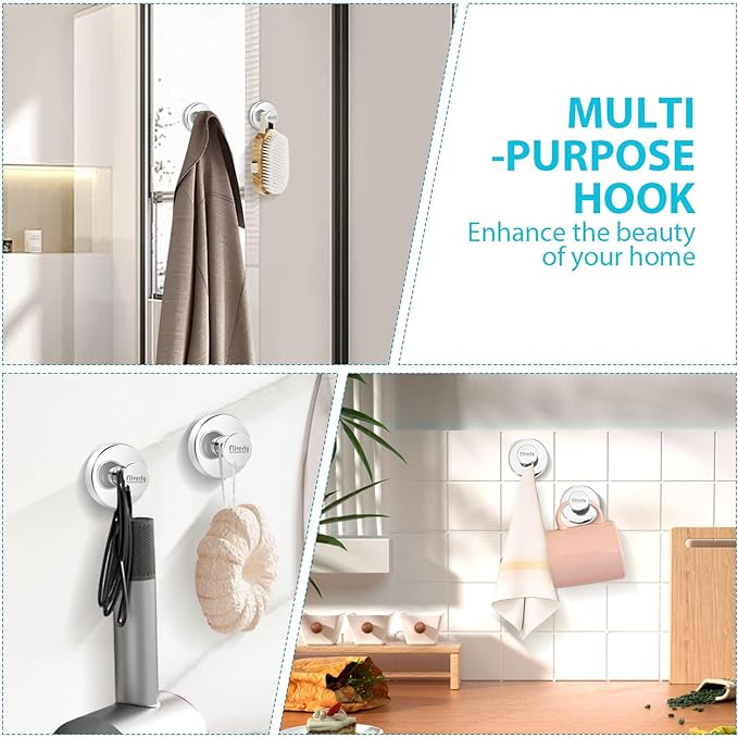 2pcs Suction Cup Hooks for Shower,Inside Shower,Wall,Bathroom,Bedroom,Kitchen,Door,Glass Window, Mirror, Tile, No Drilling Hanging for Towels,Robes,Loofah,hat,Clothing,Wreath (Chrome)