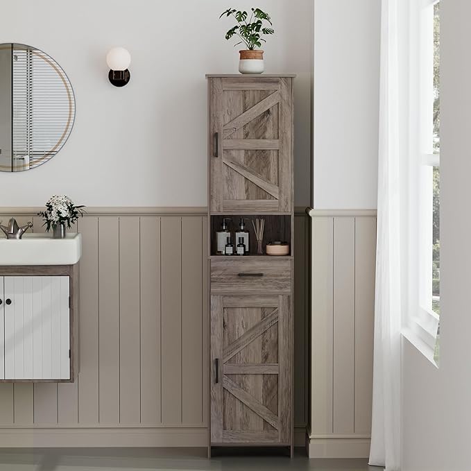 Homhedy 67" H Tall Bathroom Storage Cabinet with 2 Barn Doors and 1 Drawer, Narrow Storage Unit, Adjustable Shelves，Floor Cabinet for Bathroom, Living Room, Entryway, Kitchen, Greige, (15.7" W)