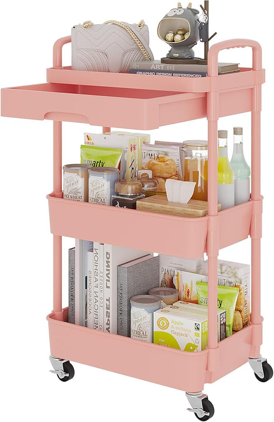 Calmootey 3-Tier Rolling Utility Cart with Drawer,Multifunctional Storage Organizer with Plastic Shelf & Metal Wheel,Storage Cart for Kitchen,Bathroom,Living Room,Office,Pink-NeatNest