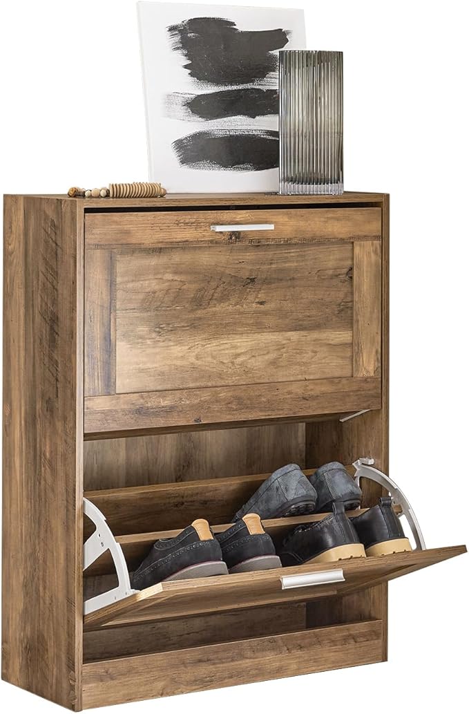 Haotian Small Shoe Storage Cabinet Entryway, Slim Shoe Rack for Small Space 2 Flip-Drawers, Shoe Organizer for Hallway Brown FSR137-F-NeatNest