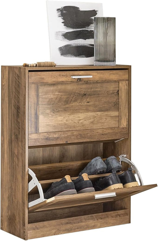 Haotian Small Shoe Storage Cabinet Entryway, Slim Shoe Rack for Small Space 2 Flip-Drawers, Shoe Organizer for Hallway Brown FSR137-F-NeatNest