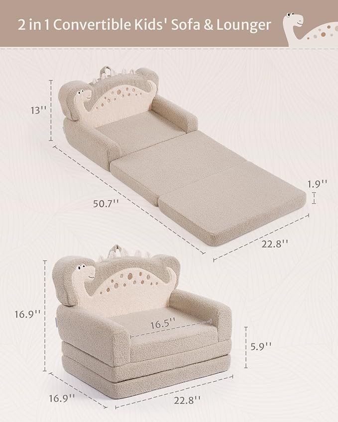 Blissful Diary Kids Couch, 2-in-1 Soft Toddler Couch Fold Out, Toddler Chair Comfy, Convertible Sofa to Lounger, Kids Furniture for Playroom, Gift for Birthday, Children's Day, Khaki Dinosaur-NeatNest
