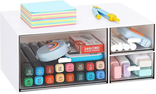 LETURE Desk Office Stationery Organizer with 3 Drawers, Desktop Vanity Makeup Organizer, Plastic Sundries Cosmetic Storage Organizer for Bathroom Counter or Dresser (White-3 Drawer)-NeatNest