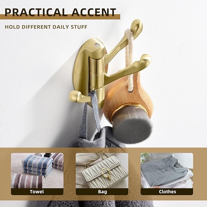 Angle Simple Swivel Towel Hook Brushed Gold 2 PCS, Metal Folding Bathroom Hook, Bath Towel Holder, Heavy Duty Robe Clothes Hanger for Bathroom RV Wall Mount