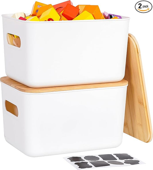 Citylife 2 PCS Storage Bins with Bamboo Lids Plastic Storage Containers for Organizing Stackable Storage Box with Handle, 10.23 x 7.08 x 6.3 inch-NeatNest