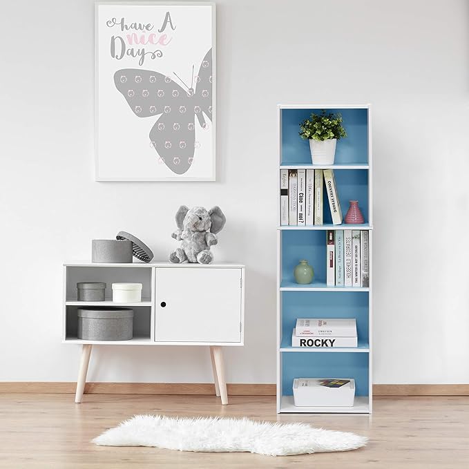 Furinno Luder Bookcase / Book / Storage , 5-Tier, White / Light Blue-NeatNest