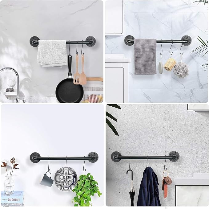 Industrial Pipe Towel Rack Towel Bar, Heavy Duty Wall Mounted Rustic Farmhouse Bath Towel Holder for Bathroom (Black, 18 Inch)