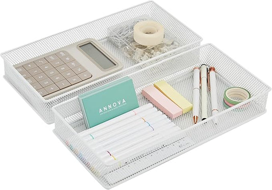 Annova Mesh Stackable Drawer Cabinet and Shelf Organizer Bins Storage Basket School Office Supply Holder Tray- Set of 2 (White, 6x12x2 Inch)-NeatNest