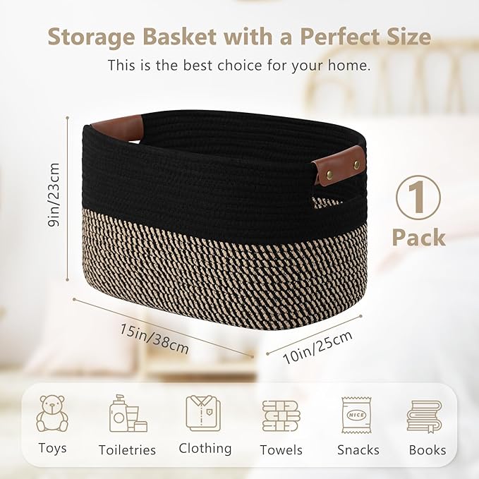 Cotton Rope Basket , Storage Baskets with Handle, 15x10x9 Inch Woven Basket for Shelves, Laundry, Towels, Clothes, Books, Toys (Black Brown 1 Pack)-NeatNest