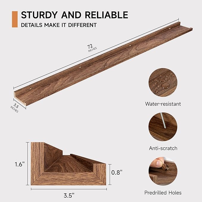 Floating Picture Ledge Shelves for Wall Set of 2, 72 Inches Picture Ledge Shelf with Long Large Nursery Book Shelf for Toys Storage Kids Bookshelf Wall Mounted Living Room Bedroom Decor Frames, Walnut-NeatNest