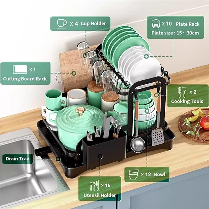 Household Kitchen Countertop Dish Rack - Adjustable Utensil Drying Rack & Plate Bowl Organizer with Drainer Tray - Space-Saving Storage for Dishes, Cups, Chopsticks