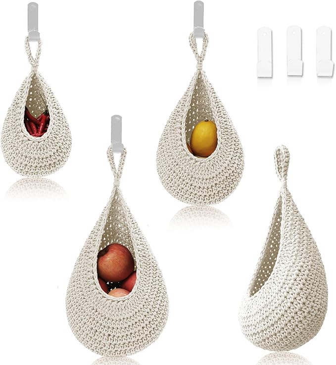 Hanging Fruit Basket Set of 3, Boho Wall Hanging Storage Basket for Organizing, Handmade Teardrop Hammock Holder for Fruit Vegetable in Home & Restaurant Kitchen with Hooks, White Cotton