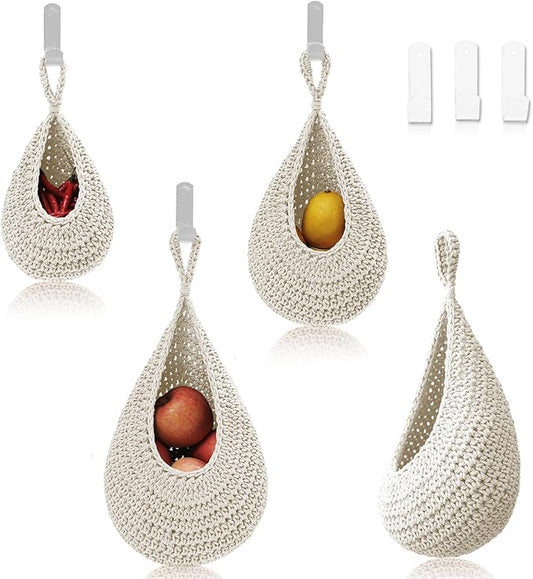 Hanging Fruit Basket Set of 3, Boho Wall Hanging Storage Basket for Organizing, Handmade Teardrop Hammock Holder for Fruit Vegetable in Home & Restaurant Kitchen with Hooks, White Cotton