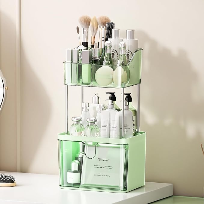 Makeup Organizer Countertop with Drawer, Bathroom Counter Organizers, Anti-Slip Dustproof Exquisite Dresser Vanity Storage for Skin Care Perfume Beauty Lipstick,Green