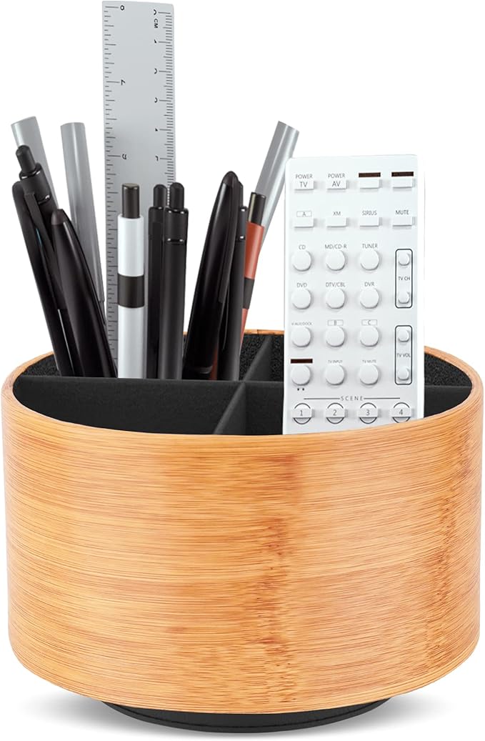 Hennaja Round Leather Art Supply Organizer,Remote Control Holder,360 Degree Spinning,Multi-Functional Pencil Holder,4 Compartments Desktop Stationary Organizer(1-Beige2)-NeatNest